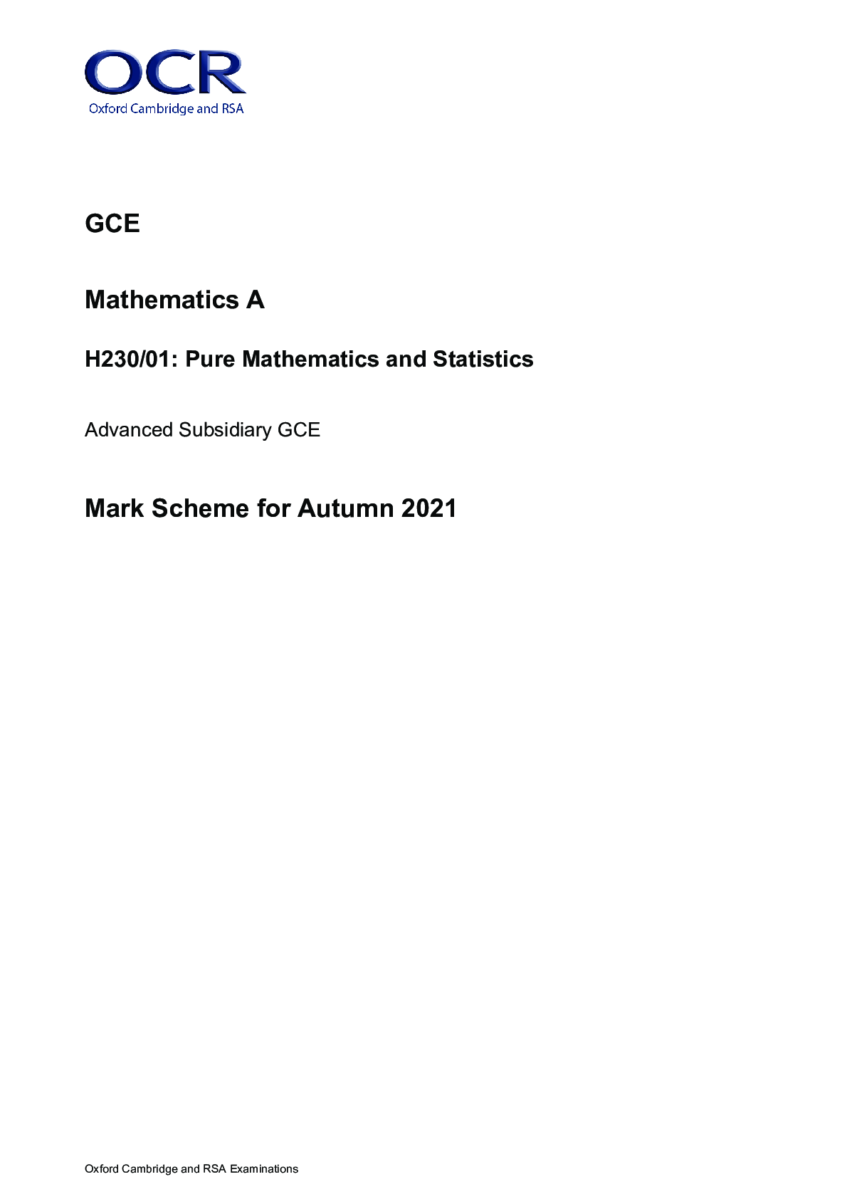 Preview image for H230/01: Pure Mathematics and Statistics Advanced Subsidiary GCE Mark Scheme and QUESTIONS for Autumn 2021